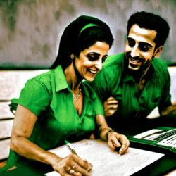 Happy arabic couple writing a CV