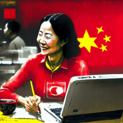 Happy Chinese lady  typing a CV