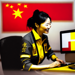 Happy Chinese lady writing a CV