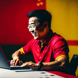 Happy Chinese man typing a CV