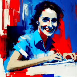 Happy French lady  typing a CV