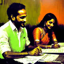 Happy Indian couple  typing a CV