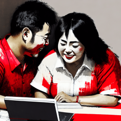 Happy japanese couple  typing a CV