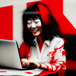 Happy japanese lady  typing a CV