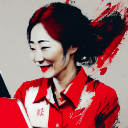 Happy japanese lady writing a CV