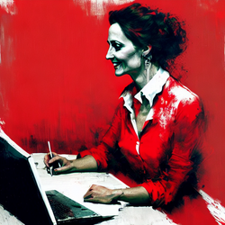 Happy french lady  typing a CV