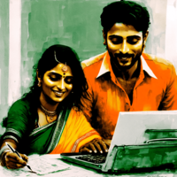 Happy indian couple writing a CV